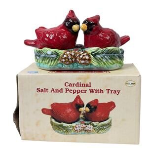 Cardinal Bird Salt & Pepper Set with Holly Tray by Old World Retired Christmas